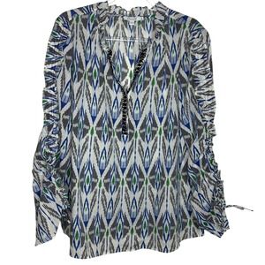 Chicos Womens 3 Xl  Ikat Ruffle Sleeve Beaded Split Neck Blouse Blue Green White